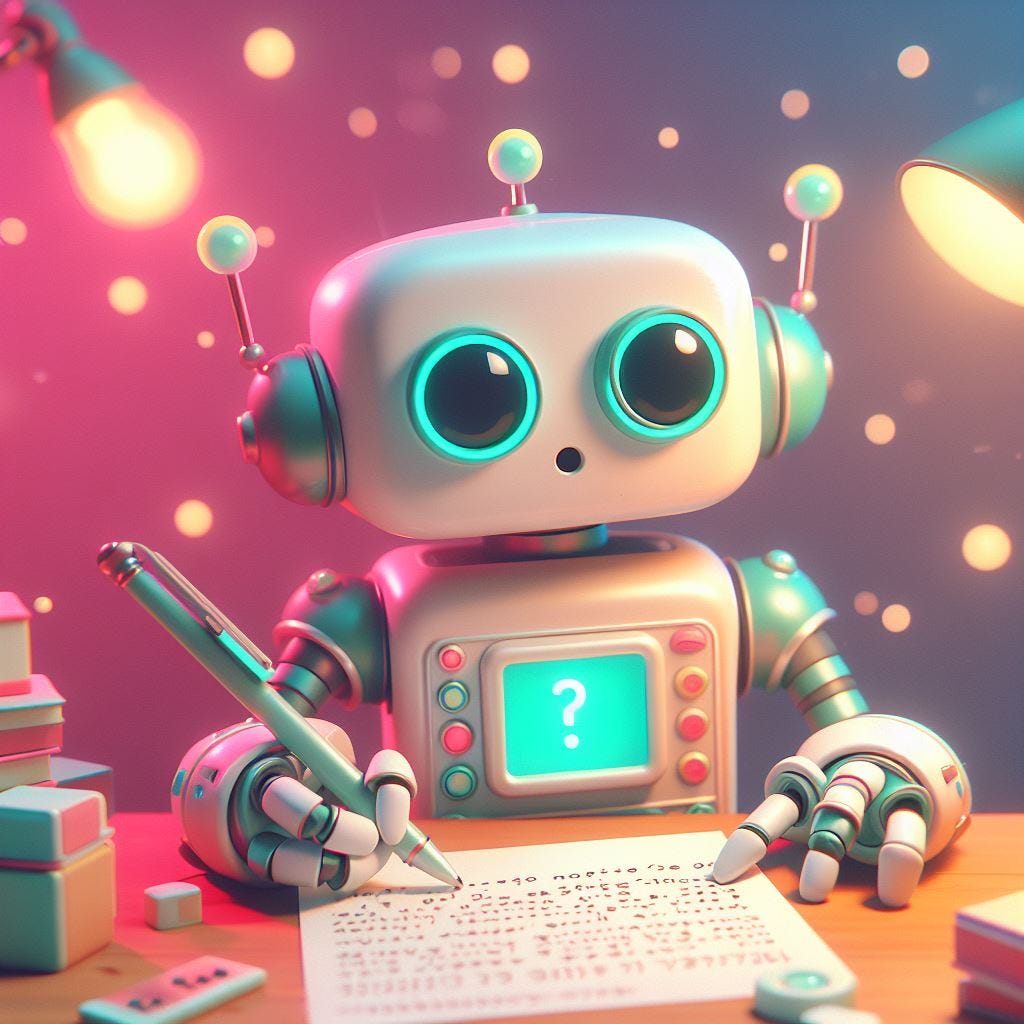 A cute robot carefully writing lo fi style but it is very confused. Lights are light pinkish and light greenish.