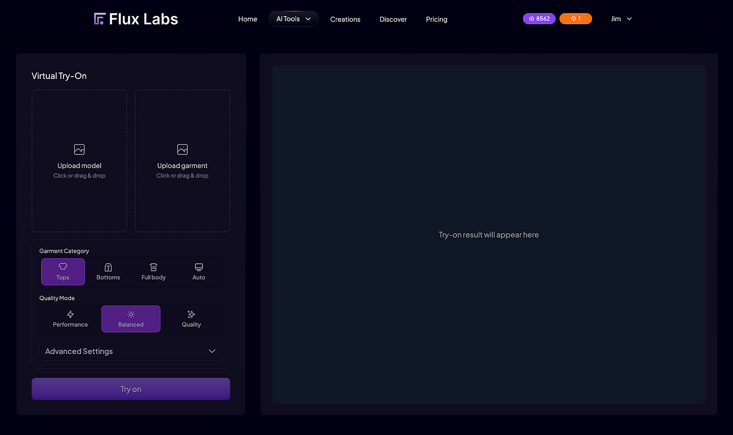 Flux Labs AI virtual try-on dashboard. Image by Jim Clyde Monge Flux Labs AI virtual try-on dashboard. Image by Jim Clyde Monge