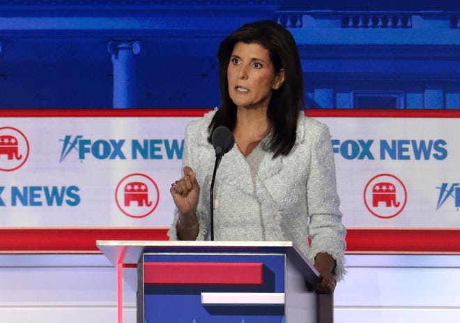 MILWAUKEE, WISCONSIN - AUGUST 23: Republican presidential candidate, former U.N. Ambassador Nikki Haley participates in the first debate of the GOP primary season hosted by FOX News at the Fiserv Forum on August 23, 2023 in Milwaukee, Wisconsin. Eight presidential hopefuls squared off in the first Republican debate as former U.S. President Donald Trump, currently facing indictments in four locations, declined to participate in the event. (Photo by Win McNamee/Getty Images) ORG XMIT: 775986322 ORIG FILE ID: 1634992150