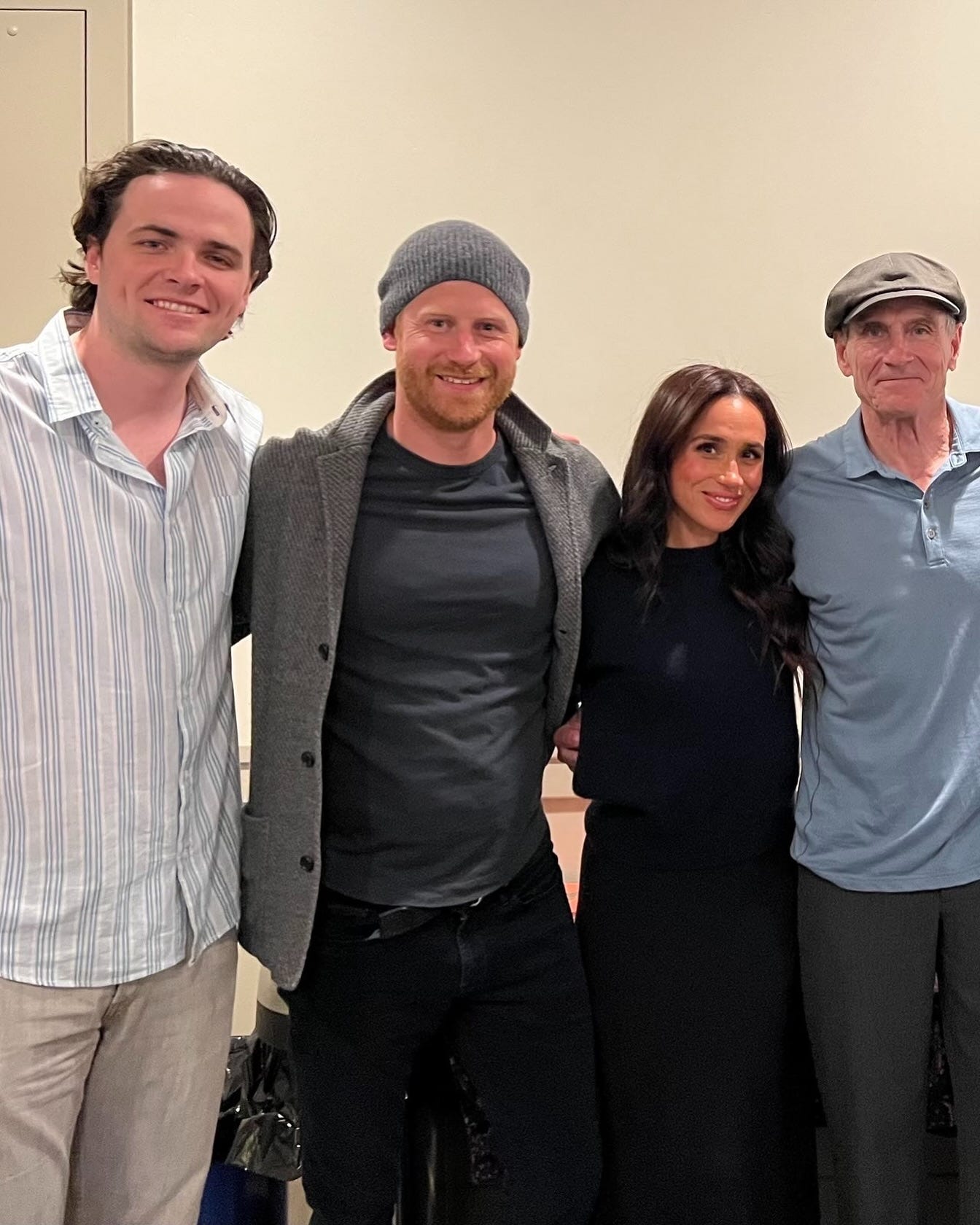 Prince Harry with Meghan Markle and James Taylor