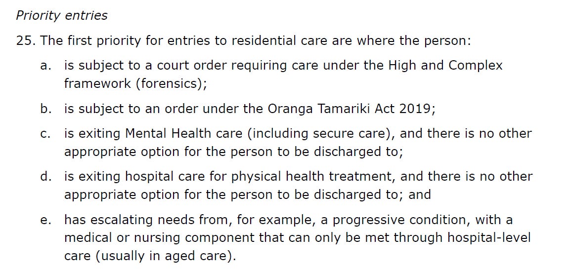 screenshot of document text stating the priority entries to residential care (point #25)