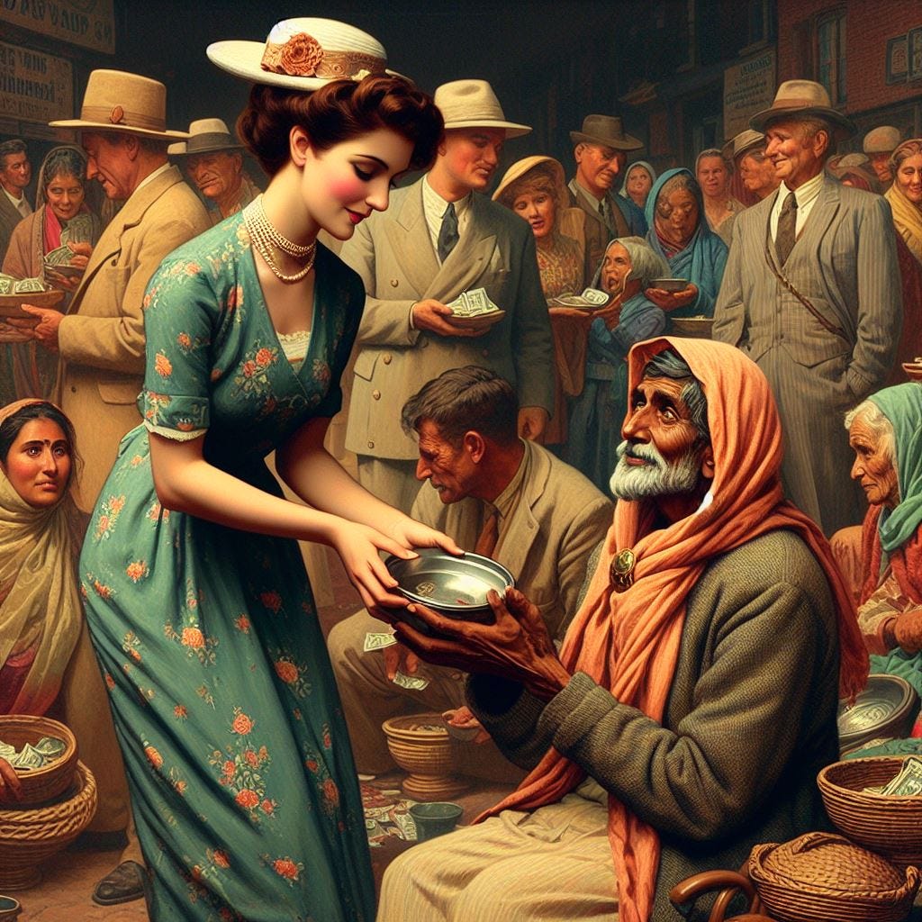 wealthy person giving alms to a destitute person in the style of norman rockwell