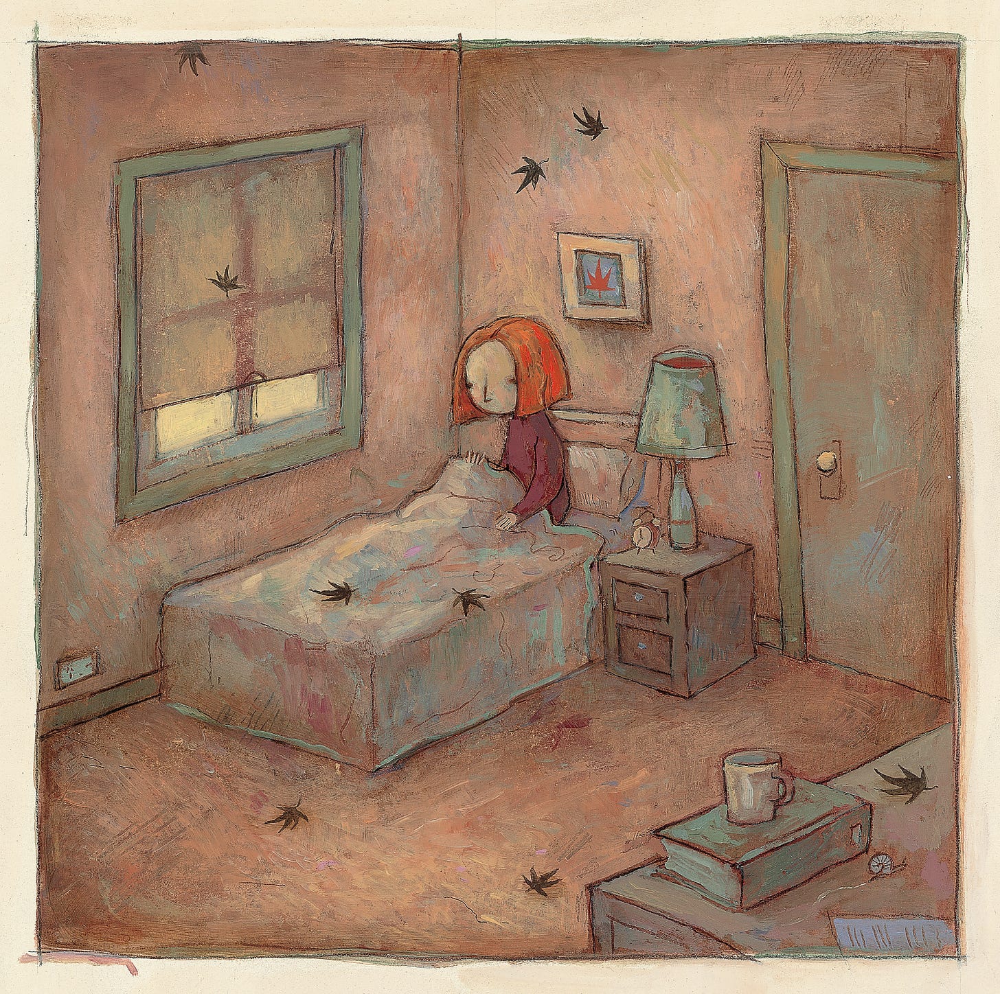 A nameless young girl is sat up in bed with dark leaves falling from her bedroom ceiling. A small picture of a red leaf hangs on the wall above her bed.