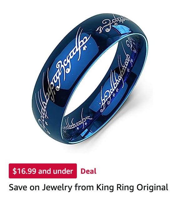 Ad for a version of the One Ring; it's blue with elven writing inside.