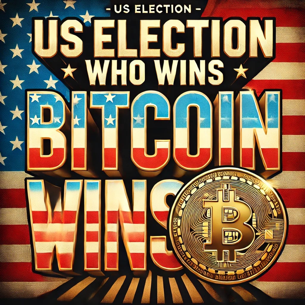 A bold, attention-grabbing image with the text 'US Election - Who Wins?' at the top, and 'Bitcoin Wins' in large, prominent letters below. The design should feature patriotic elements, like a subtle American flag backdrop, with a shining gold Bitcoin symbol incorporated to create a contrast that highlights Bitcoin's relevance. The overall feel should be modern and slightly futuristic, symbolizing Bitcoin’s potential in the economic and political landscape.