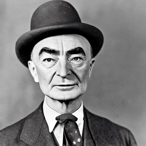 AI-generated image of Robert Oppenheimer in black and white. Man with bowler hat, coat and tie with a series expression.