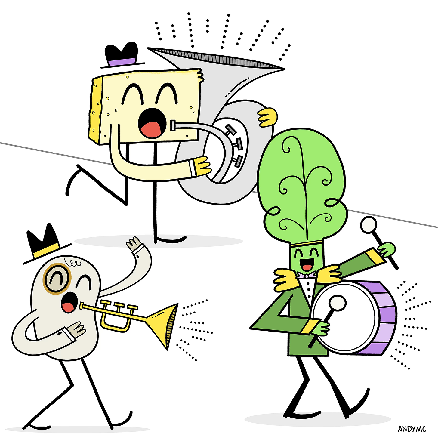 An illustration of a black eye pea, cornbread, and a collard green playing instruments in a parade.