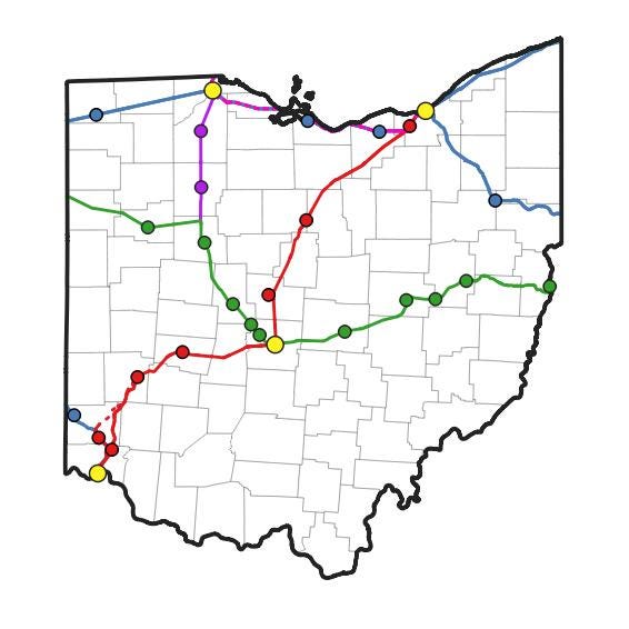 all six potential rail routes in Ohio along with current service