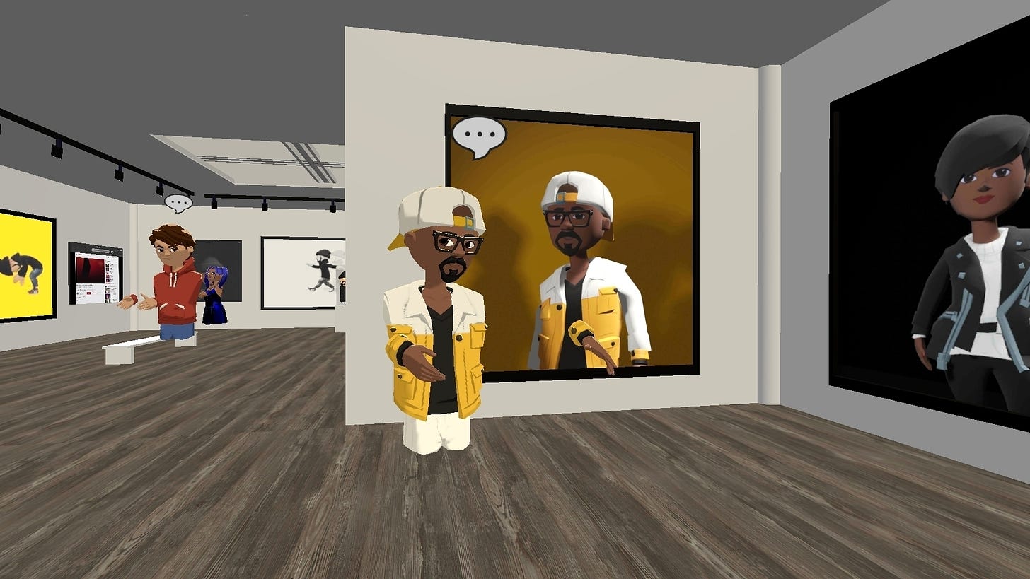 Image of SirSaxy in front of a portrait of himself in a VR gallery.