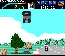 A screenshot from Victory Run, with a car that's crashed in a way that sent it flipping and flying through the air. The car's shadow is seen underneath it on the grass, there are mountains in the background, and a lone motorcyclist is shown on the road.