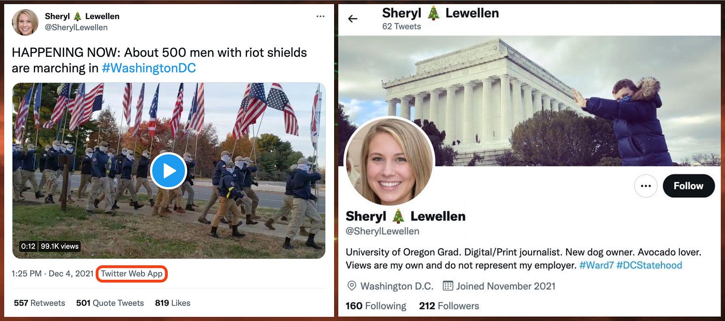 screenshot of a December 2021 @SherylLewellen posts containing a video of a PatriotFront march, and a screenshot of @SherylLewellen's profile