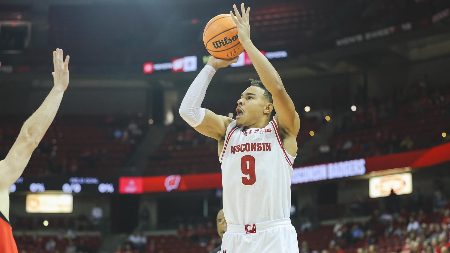 Badgers forward John Tonje shoots a three against UW-River Falls