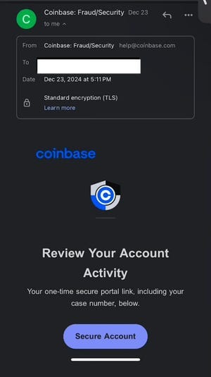 A fake email a Coinbase customer received.