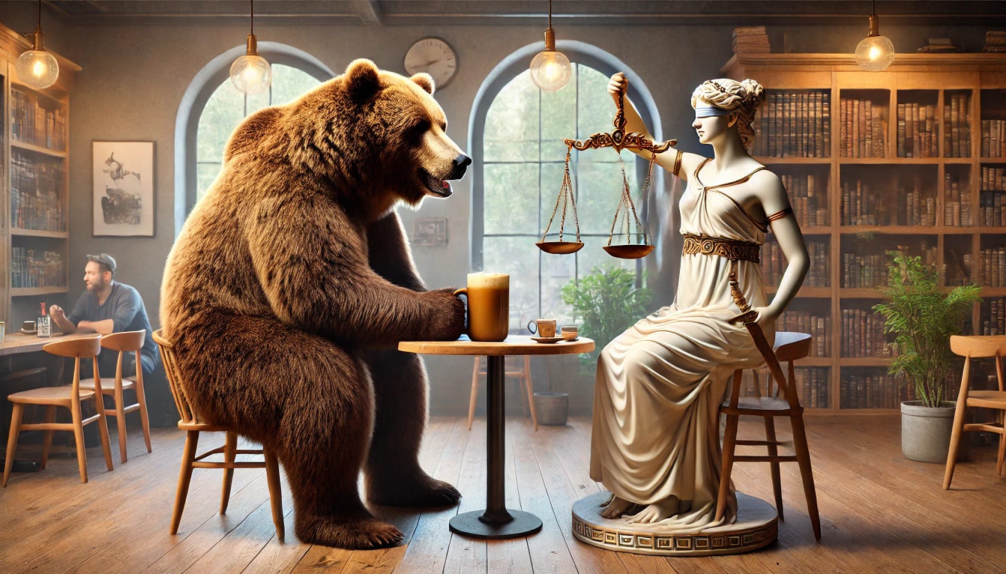 A Kodiak bear sitting at a coffee table with Themis, the Greek goddess of justice, depicted with her traditional symbols: a blindfold, scales, and a sword. The setting is a cozy, modern café with large windows letting in natural light. The bear is seated on a specially designed chair for its size, sipping coffee from a large mug. Themis, dressed in flowing Grecian robes, is holding her scales in one hand and a delicate coffee cup in the other, engaging in a thoughtful conversation with the bear. The ambiance is warm and inviting, with bookshelves and greenery in the background.