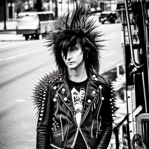 A black and white image of an emo punk male rocker wearing a leather jacket with spikes and spikey hair.