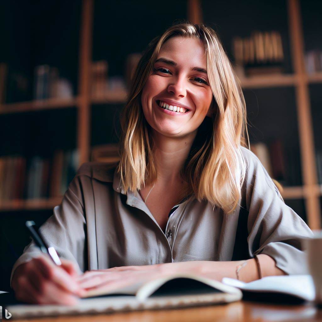 smiling writer in front of a notebook