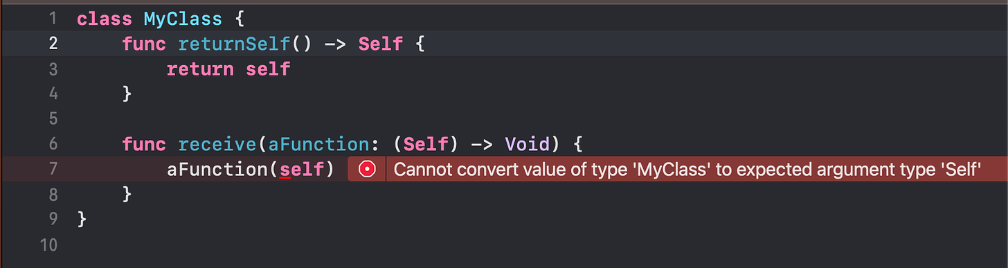 Error: Cannot convert value of type 'MyClass' to expected argument type 'Self'