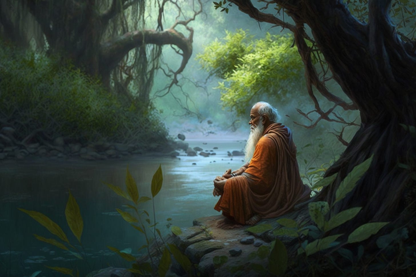 Ancient Indian Rishi. Meditating in a lush forest on the banks of a river. Create a scene showing a serene atmosphere. Vivid colours. Photorealistic painting.