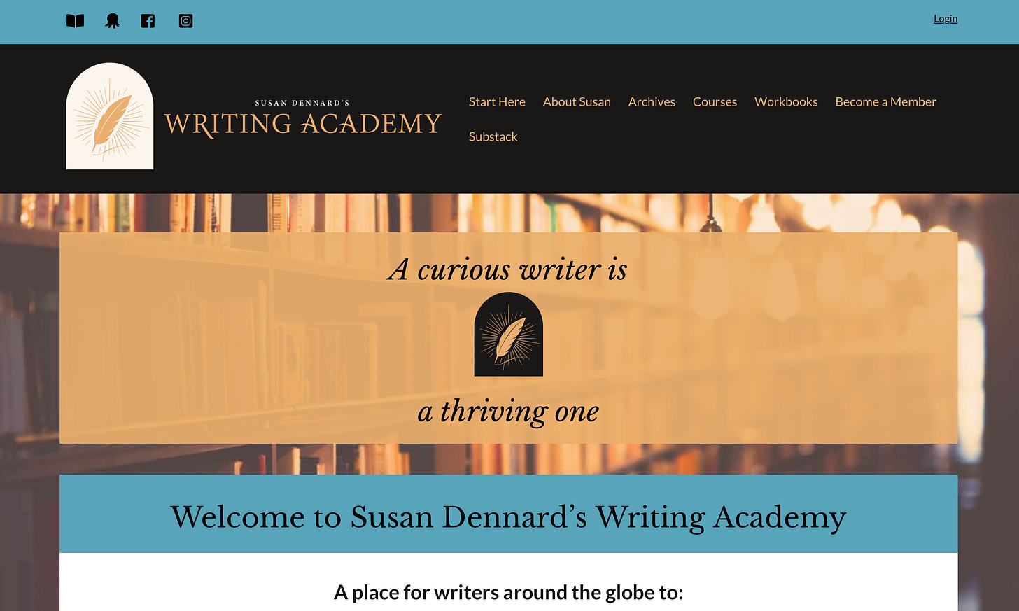 A screenshot of the homepage on Sooz's new Academy site, with links and a quill logo--as well as the motto: A curious writer is a thriving one