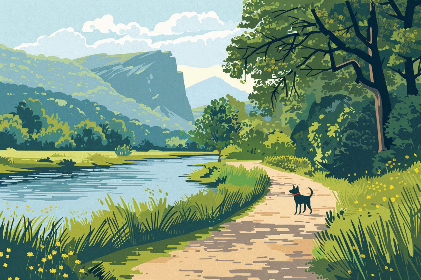 A computer generated illustration of a riverside path in nature, lots of trees, some hills in the background, and on the path, a dog standing happily.