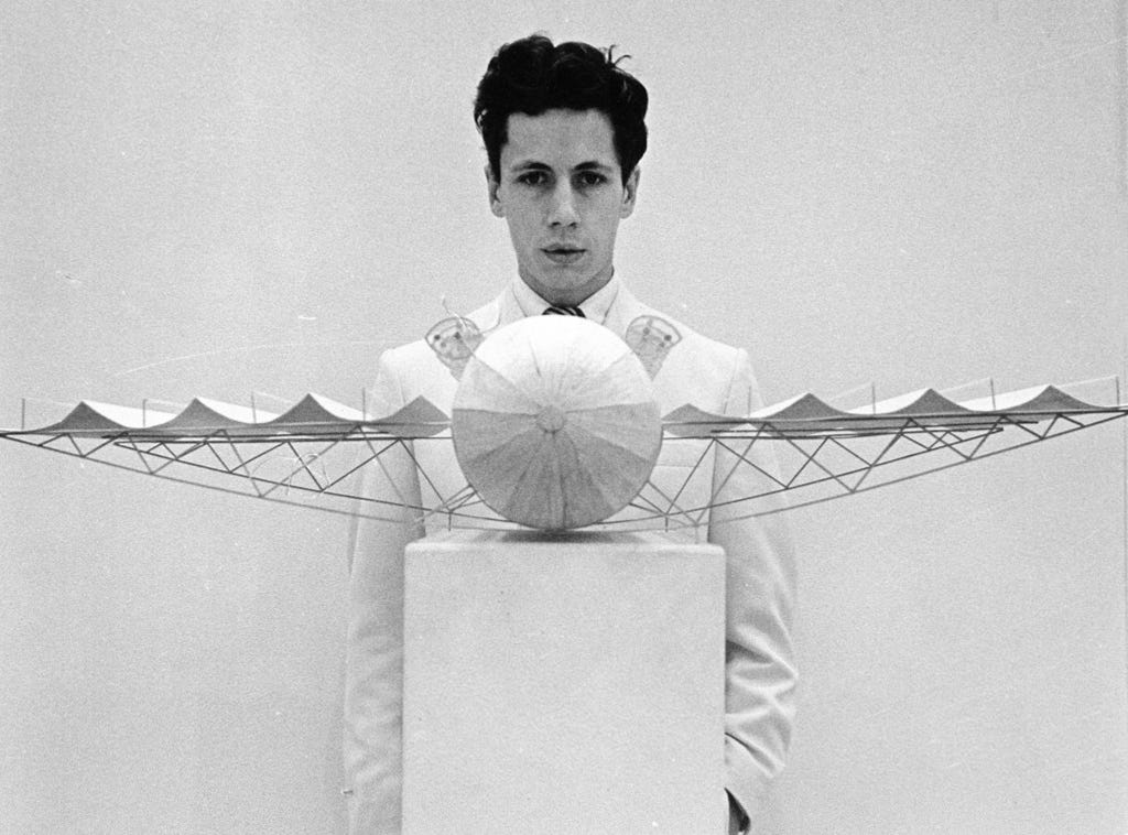 Angelika Platen (photograph), Panamarenko with the ‘General Spinaxis’, (gelatin silver print), 1968 [M HKA – Museum van Hedendaagse Kunst Antwerpen, Antwerpen. Art: © Panamarenko. Photo: © Angelika Platen, Courtesy Anny De Decker]