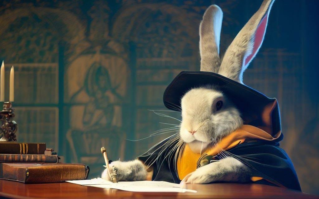A gray-brown rabbit dressed as a medieval scholar sits at an old-fashioned table writing with a fancy pen.