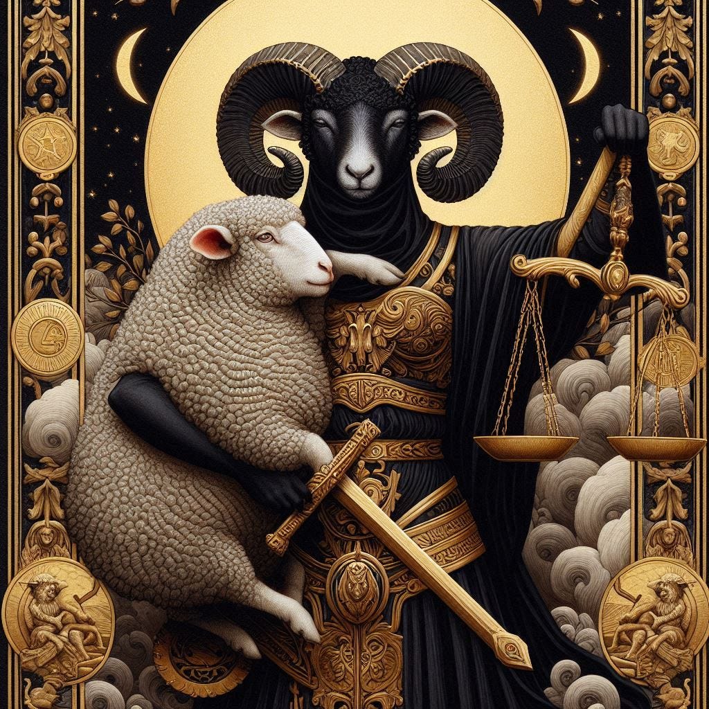 A black sheep as the figure of justice. Art like a tarot card.