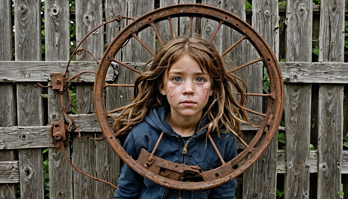 Girl in backyard, with rusty cycle wheel framing her face