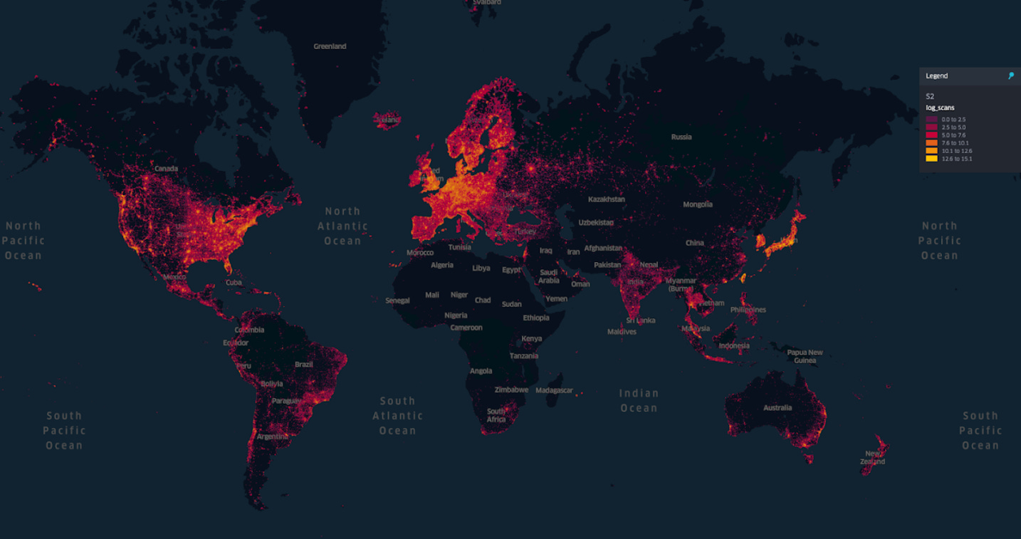 A heatmap showing that most scans are concentrated in the US/western Europe.