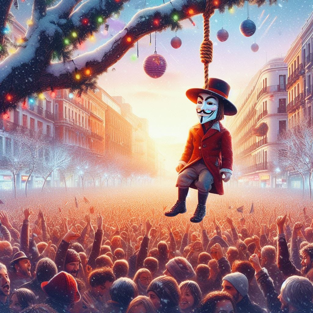 A festive new year\'s crowd, a guy fawkes doll hanging by a rope from a tree, madrid, spain, crowd cheering, revolution, digital art