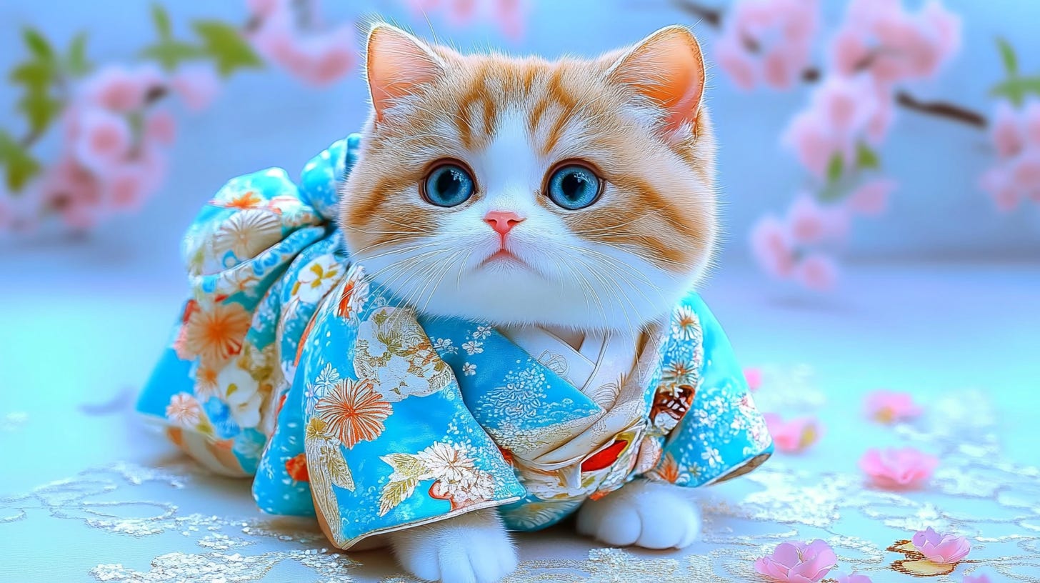 a portrait photograph of a chubby cat wearing kimono, Japanese --sref 831214820 --ar 16:9 --v 6.1