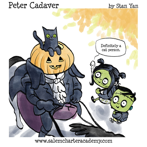 Peter and Patty Cadaver, the two frankenstein-like siblings look up at a rider on a tall white horse with a fancy costume and a jack o’lantern for a head. Patty says, “Definitely a cat-lover.” There is a black cat popping out of the top of the pumpkin.