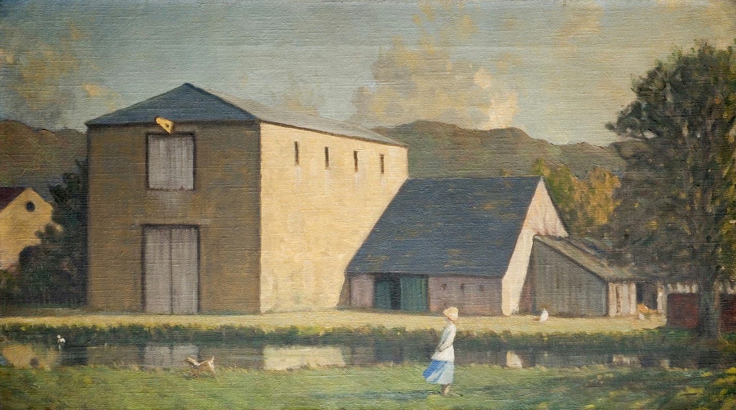 A painting of a woman standing in front of a building