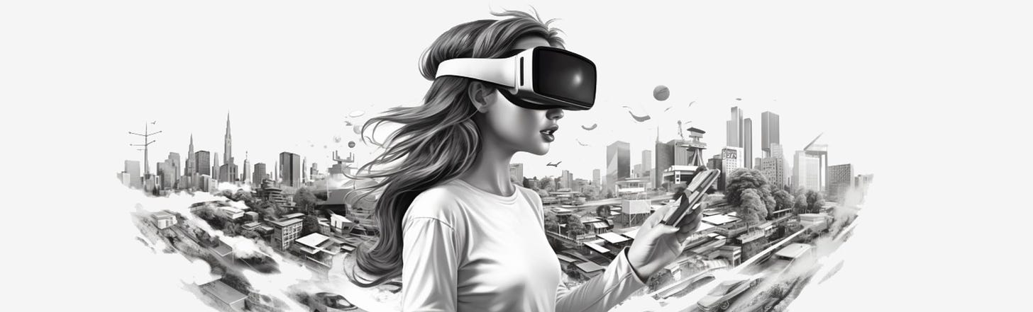 IMG prompt: a futuristic woman using a VR in the middle of a lot of social media logos, black and white, draw, white background