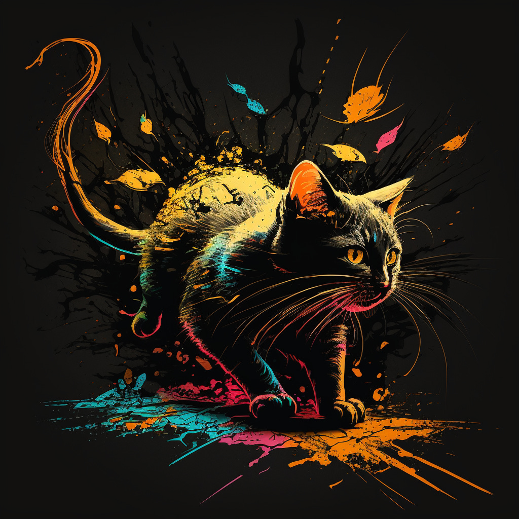 A young cat with a mysteriously rat-like tail pounces onto a splash of color.