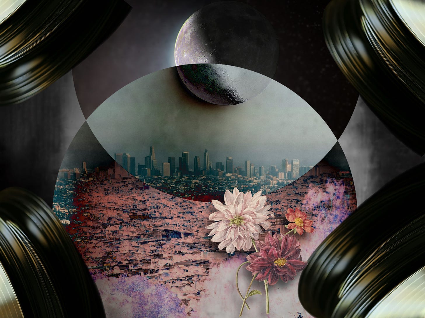 A digital collage of a waning moon over a smoggy dark Los Angeles skyline. Vinyl is stacked in each corner and a wildflower blooms in the foreground