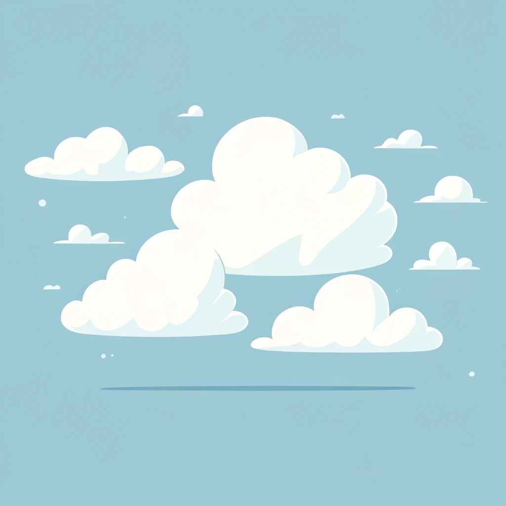 Simple illustration of clouds in the sky, depicting a serene and peaceful daytime scene. The image should feature a few fluffy, cumulus clouds scattered across a clear blue sky. The style should be minimalist and clear, ideal for a children's book or an educational material about weather. The drawing should be in soft colors, emphasizing the lightness and fluffiness of the clouds.
