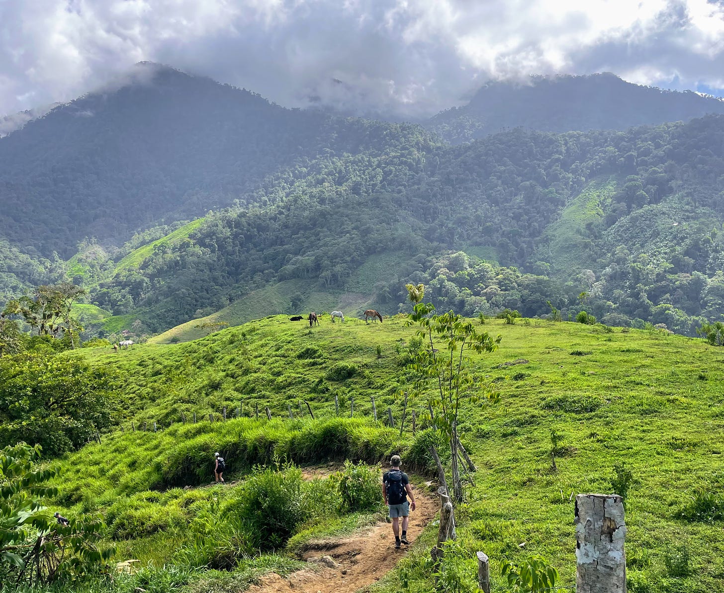 Two hikers descend a steep dirt path in a green, hilly region with horses grazing in the distance