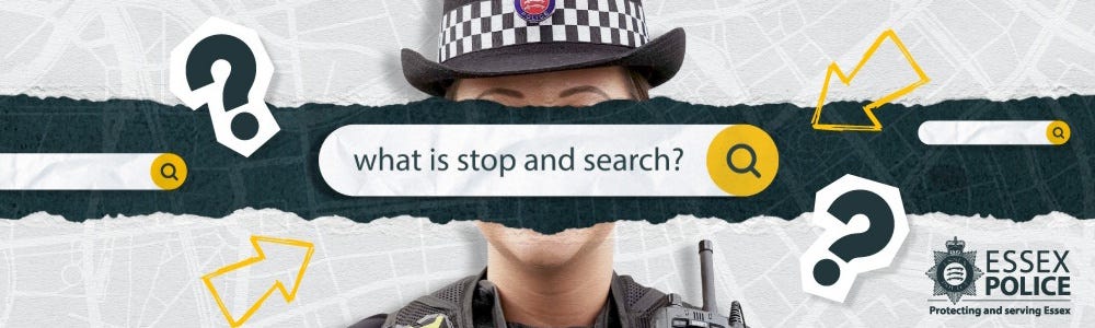 graphic with text 'what is stop and search' with question marks and a police officer's face.