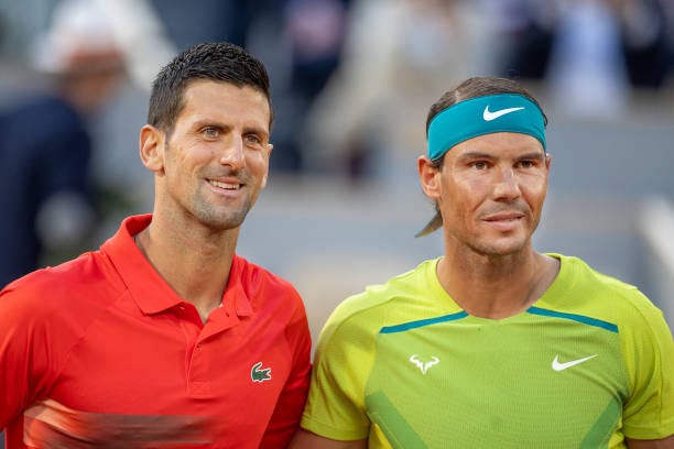 May 31. Novak Djokovic of Serbia and Rafael Nadal of Spain pose for a photograph at the net before their match on Court Philippe Chatrier during the...