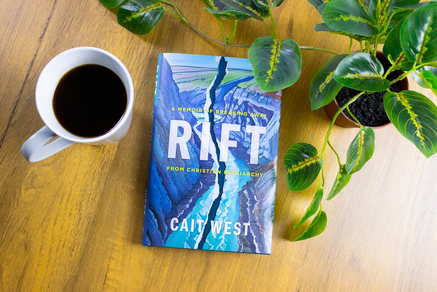 book Rift on a wooden table with a mug of coffee and a green plant