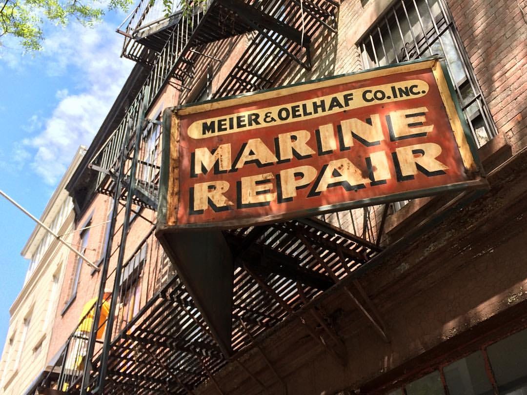 Meier & Oelhaf Marine Repair. Hand-painted metal sign in the West Village.