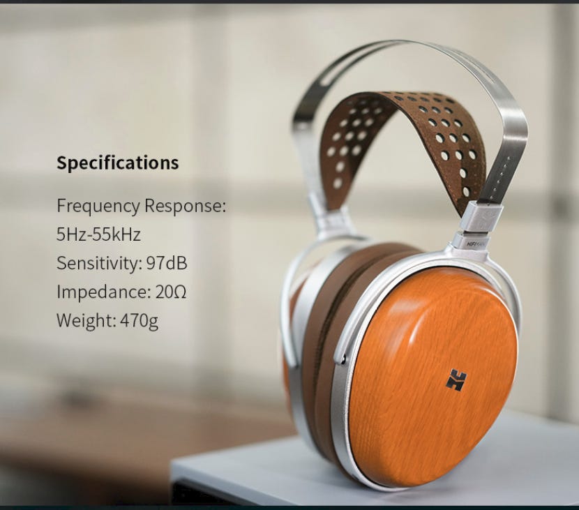Specifications of Hifiman Audivina headphones: Frequency Response: 5 Hz - 55 kHz  Sensitivity: 97 dB  Impedance: 20 ohms  Weight: 470 grams
