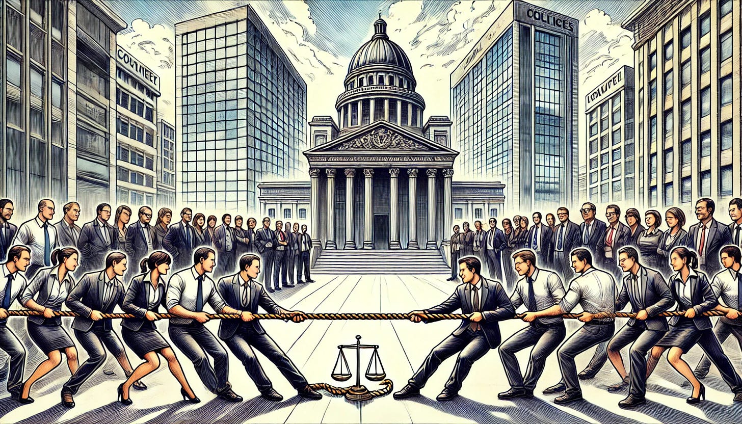 A street scene depicting a tug of war between management consultants and politicians over a rope symbolizing power, rendered in a style that appears to be hand-drawn by an artist. The street is divided into two sides: one side features politicians standing in front of government and legal buildings, and the other side shows businessmen (consultants) in front of modern office buildings. Both teams consist of a mix of genders, with clear visual distinctions between the two groups—politicians dressed in formal political attire and consultants in business suits. The background includes recognizable government buildings on one side and modern office structures on the other. The focus is on the tug of war, symbolizing the struggle for power, with no crowd and the participants positioned in the middle distance. The image should have a more organic, hand-drawn artistic feel, rather than a digitally generated look. The aspect ratio should be more horizontal than vertical.