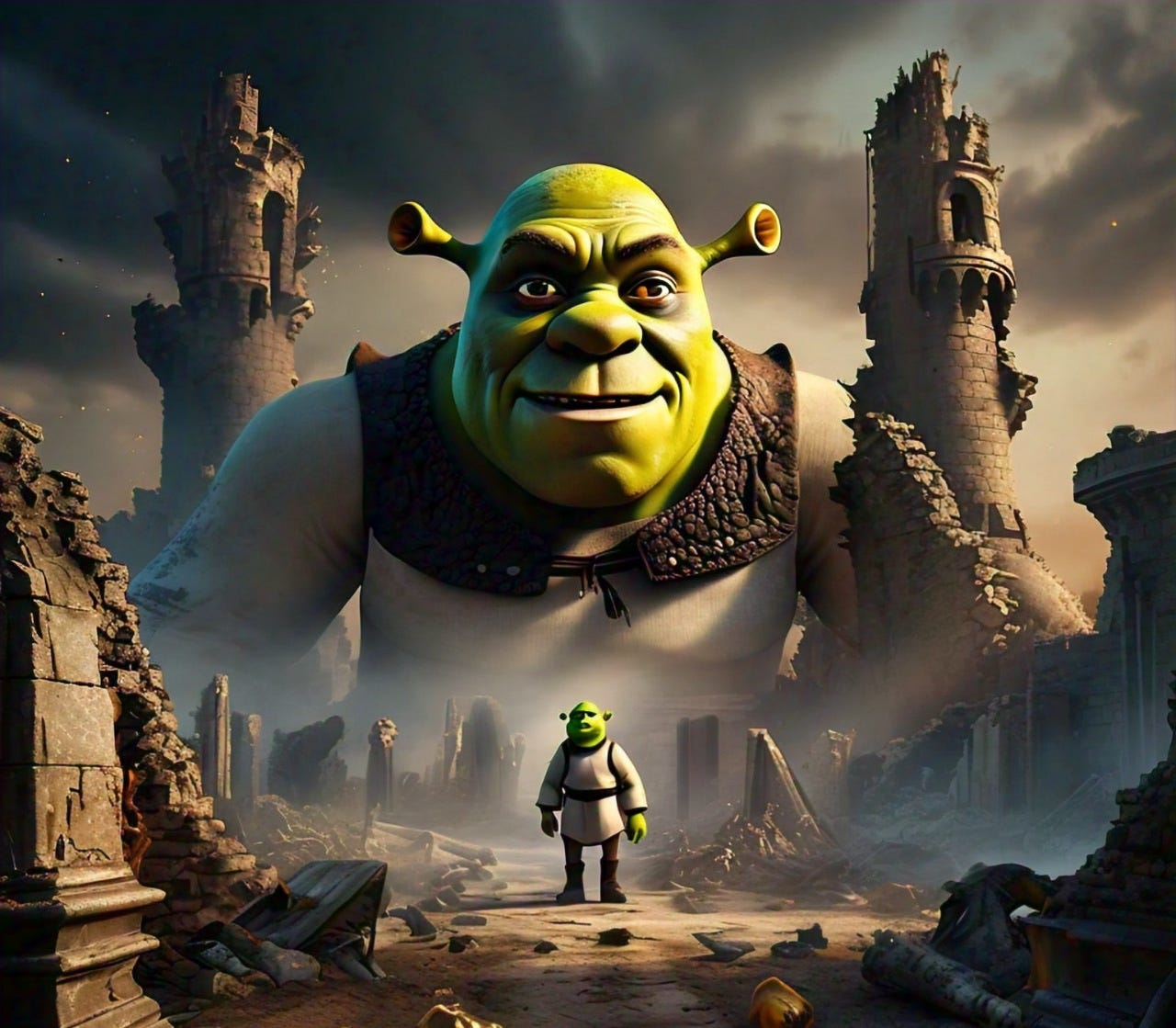 Shrek the God overlooks the destruction he shall wraught while Shrek the Ogre stands alone in the desolation.