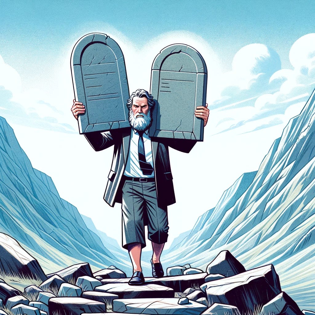 Comical illustration of a gray-bearded man in a suit, carrying two stone tablets down from the mountains. 