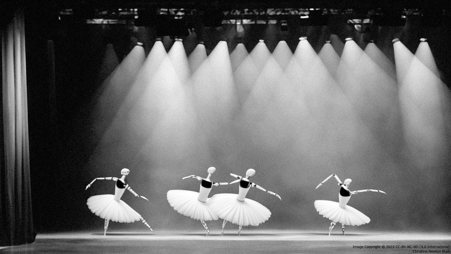 Black and white image of four humanoid robots dancing ballet on a theater stage.