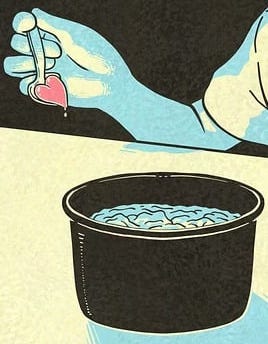 illustration in black, soft yellow and light blue of a full soup bowl with a hand holding a spoon with a red heart where the spoonful of soup is