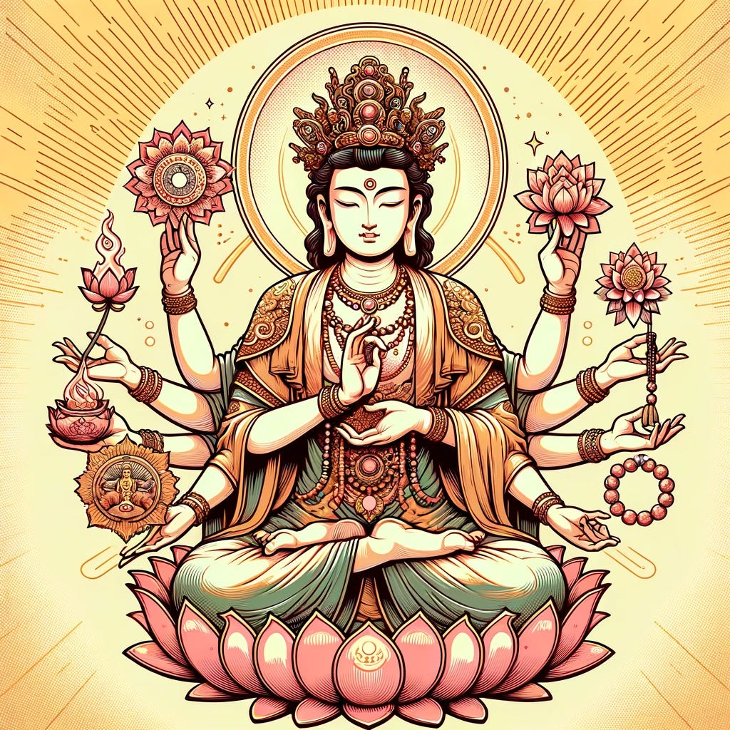Create a variant of the illustration of Avalokiteshvara Bodhisattva in his Kannon form, with a different color palette and posture to offer a fresh perspective. The Kannon form is still depicted in a warm, comic book style, but this time, let's have the Bodhisattva hold different symbolic items in the multiple arms, each representing different aspects of compassion and wisdom. The Heart Sutra remains a central element, perhaps shown floating in the air, surrounded by a soft glow. The background should have subtle variations, maybe introducing elements like lotus flowers or gentle rays of light to symbolize enlightenment and purity.