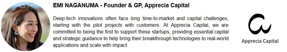 Emi Naganuma, GP at Apprecia Capital, explains how their VC firm supports deeptech founders through pilot projects and early-stage capital Emi Naganuma, GP at Apprecia Capital, explains how their VC firm supports deeptech founders through pilot projects and early-stage capital